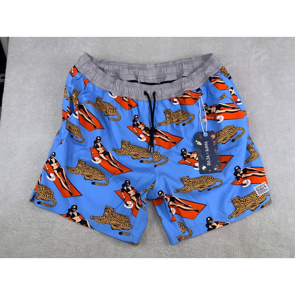 Baja Llama Purrfect Woman‎ Stretch Swim Trunks Blue Leopard Print Mens XXL NWT